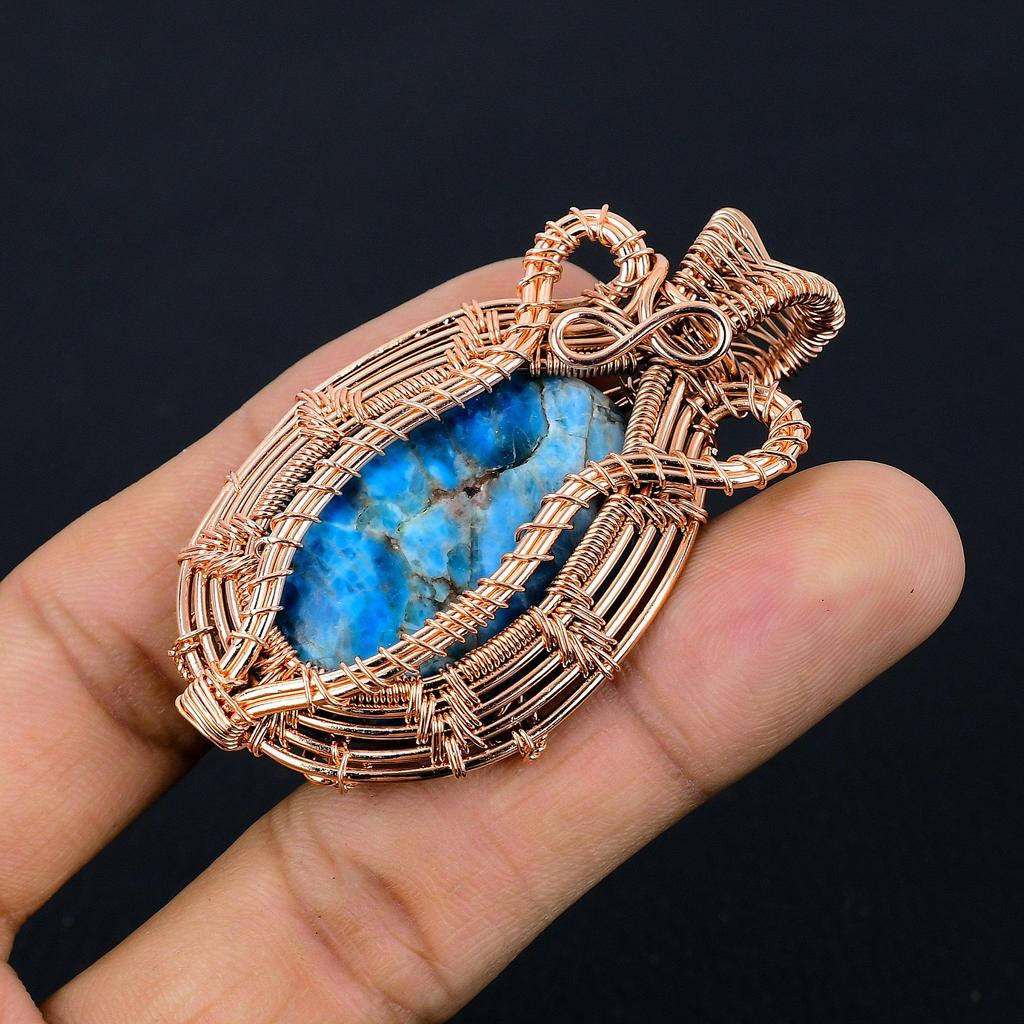 Neon Blue Apatite Gemstone Pendant 999 Copper Wire Wrapped Jewelry, Handmade Antique Pendant Jewelry, Gift For Mother