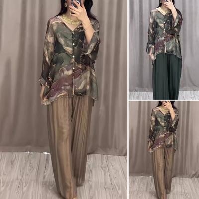 2 Pcs/Set Women Top Pants Set Marble Print V Neck Long Sleeves Single-breasted Blouse Wide Leg Pleated Loose Trousers Casual Homewear Commute Clothes