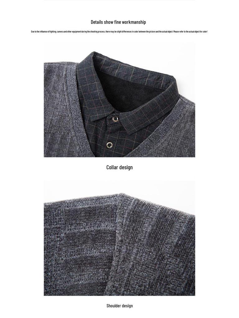 Dad's Winter Warm Chenille Knitwear: Men's Fleece-Lined Two-Piece Sweater with Thick Shirt Collar for Autumn/Winter.