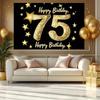 Happy 75th Birthday Golden & Gold Design, 1pc Polyester Party Backdrop Banner, Photo Booth Background, Wall Decor