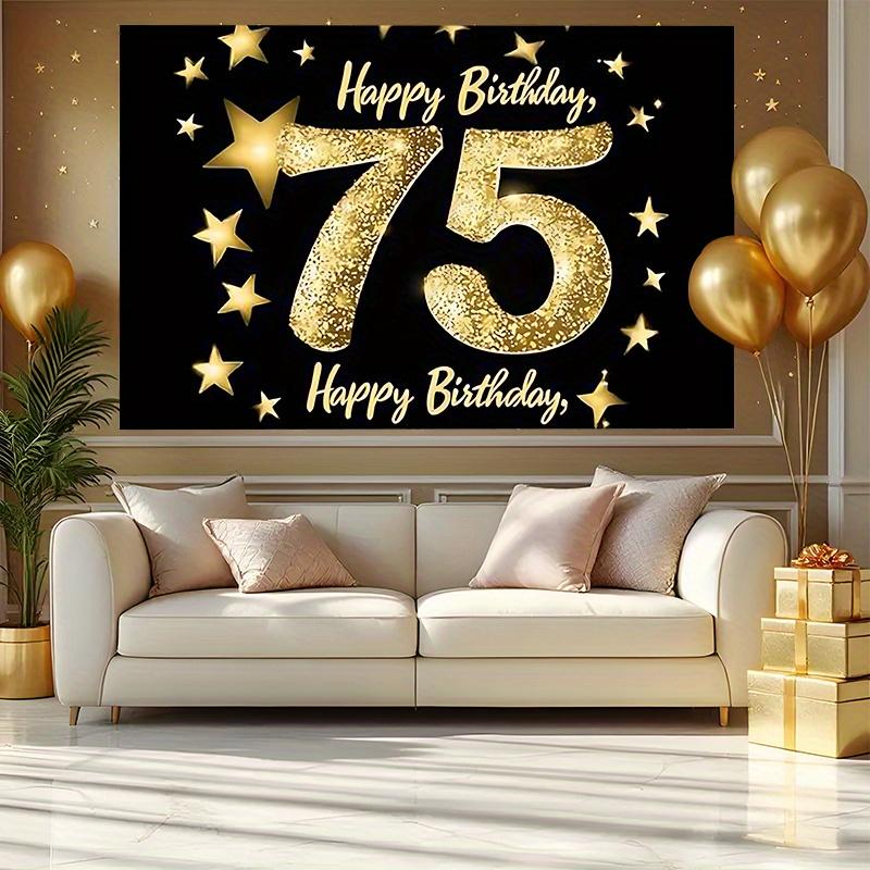 Happy 75th Birthday Golden & Gold Design, 1pc Polyester Party Backdrop Banner, Photo Booth Background, Wall Decor