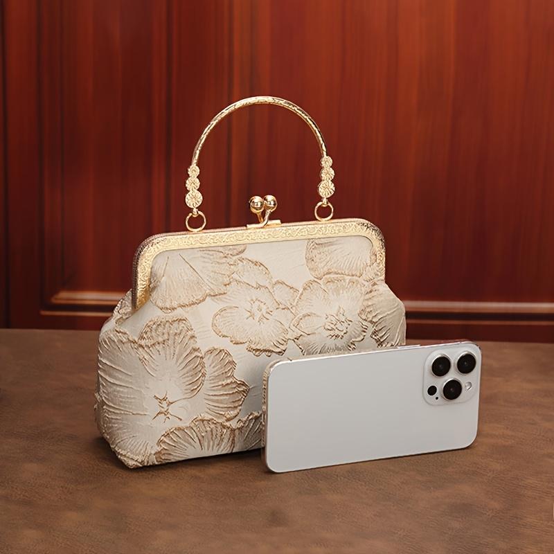 Elegant Ladies Evening Bag, Floral Embroidered Simulation Pearl Chain Tassel, Removable Strap, Buckle Closure Polyester Lining for Women Daily Wear