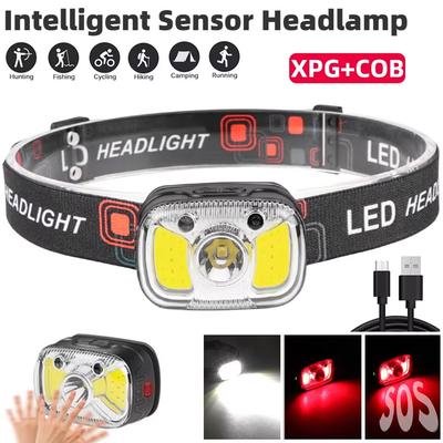 Linterna frontal LED, linterna frontal recargable por USB, 7 marchas, linterna frontal LED COB superbrillante, lámpara frontal con Sensor de movimiento, 1200mAh