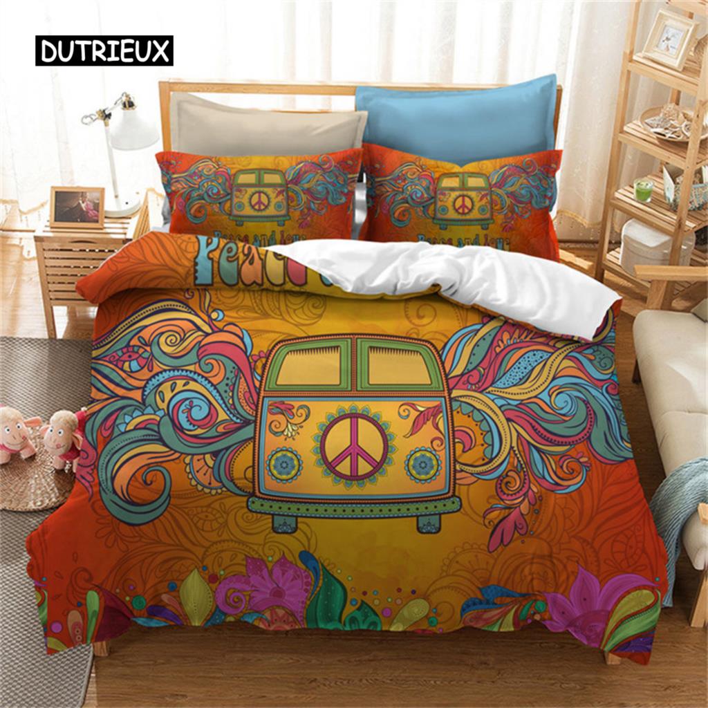 Peace Symbol Duvet Cover Gorgeous  Camper Van Peace Sign Bedding Set Microfiber Mandala Comforter Cover King Size Bedroom Decor
