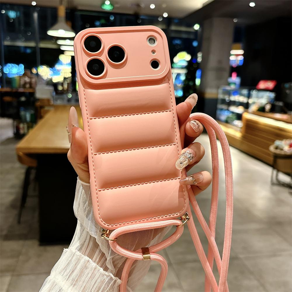 Soft Down Jacket Lanyard Crossbody Case For iPhone 17 16 15 14 13 12 11 Pro Max Plus Air XR XS Max Long Strap Solid Color Cover