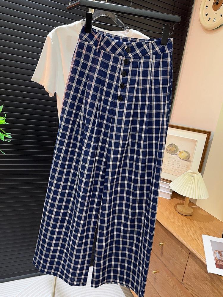 

Женские клетчатые брюки широкого кроя в стиле отаку: Повседневный, Осенний, В пол, Приталенный и Свободный крой Large синий