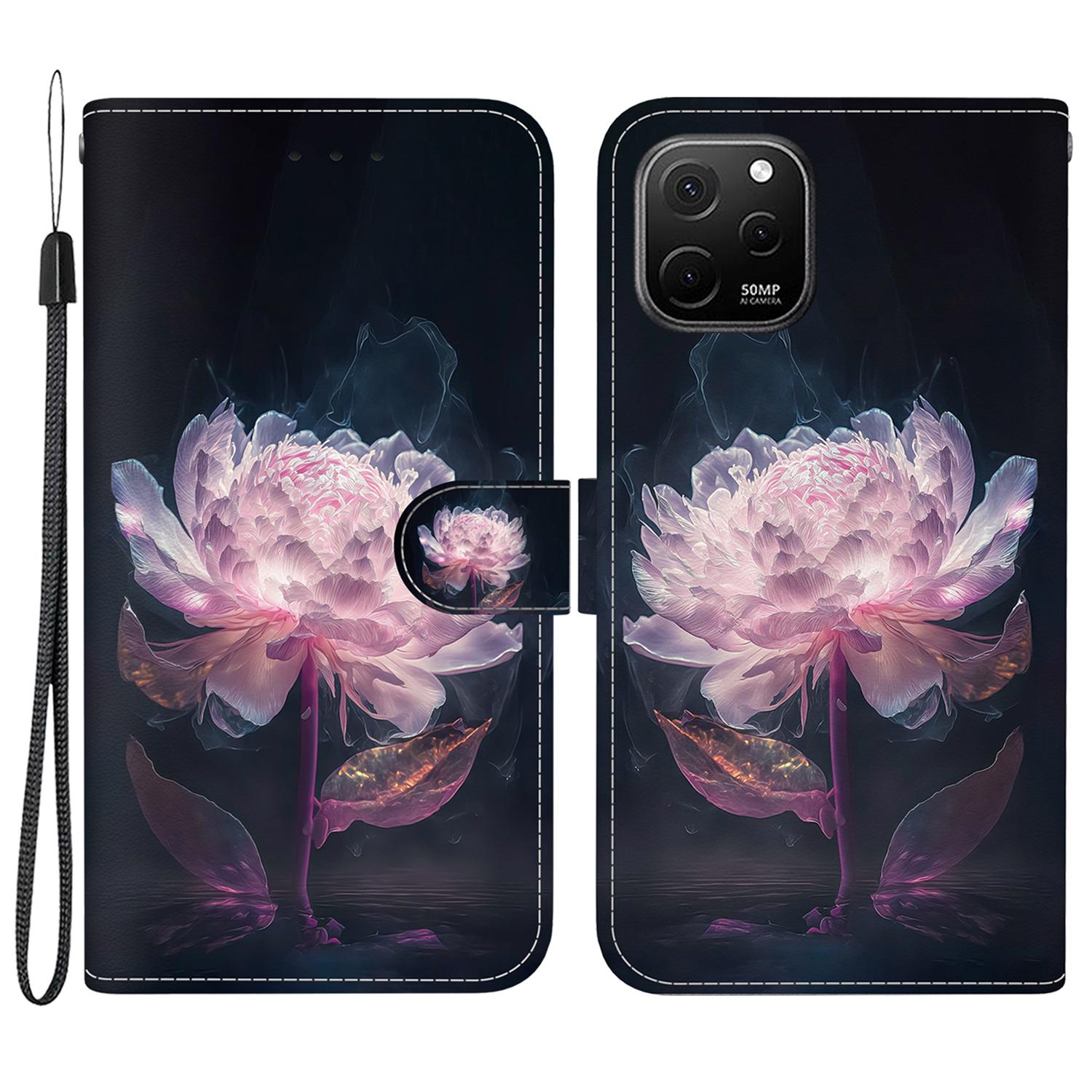 

For Huawei nova Y61 4G Case Wallet Function Pattern Printing Phone Cover Purple Peony