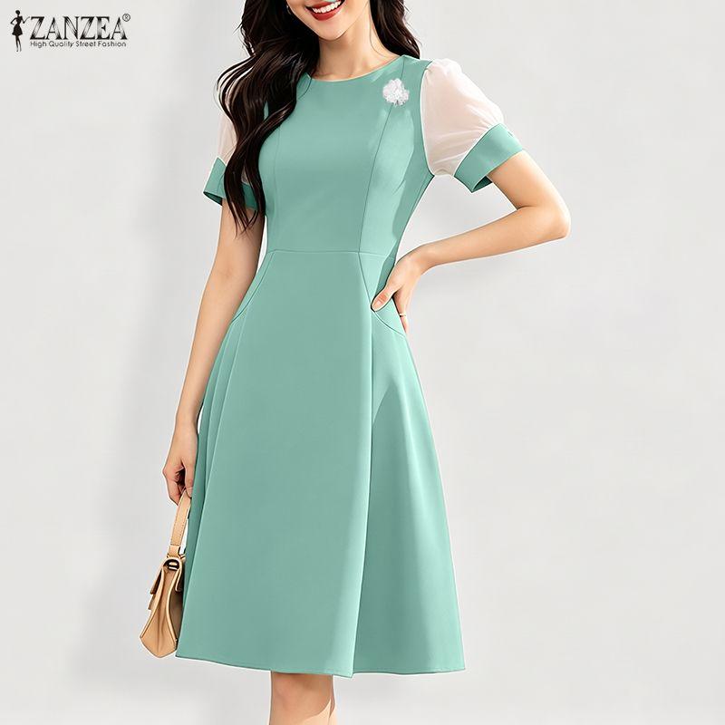 ZANZEA Women Casual Round Neck Mesh Splice Short Sleeve Summer Dress