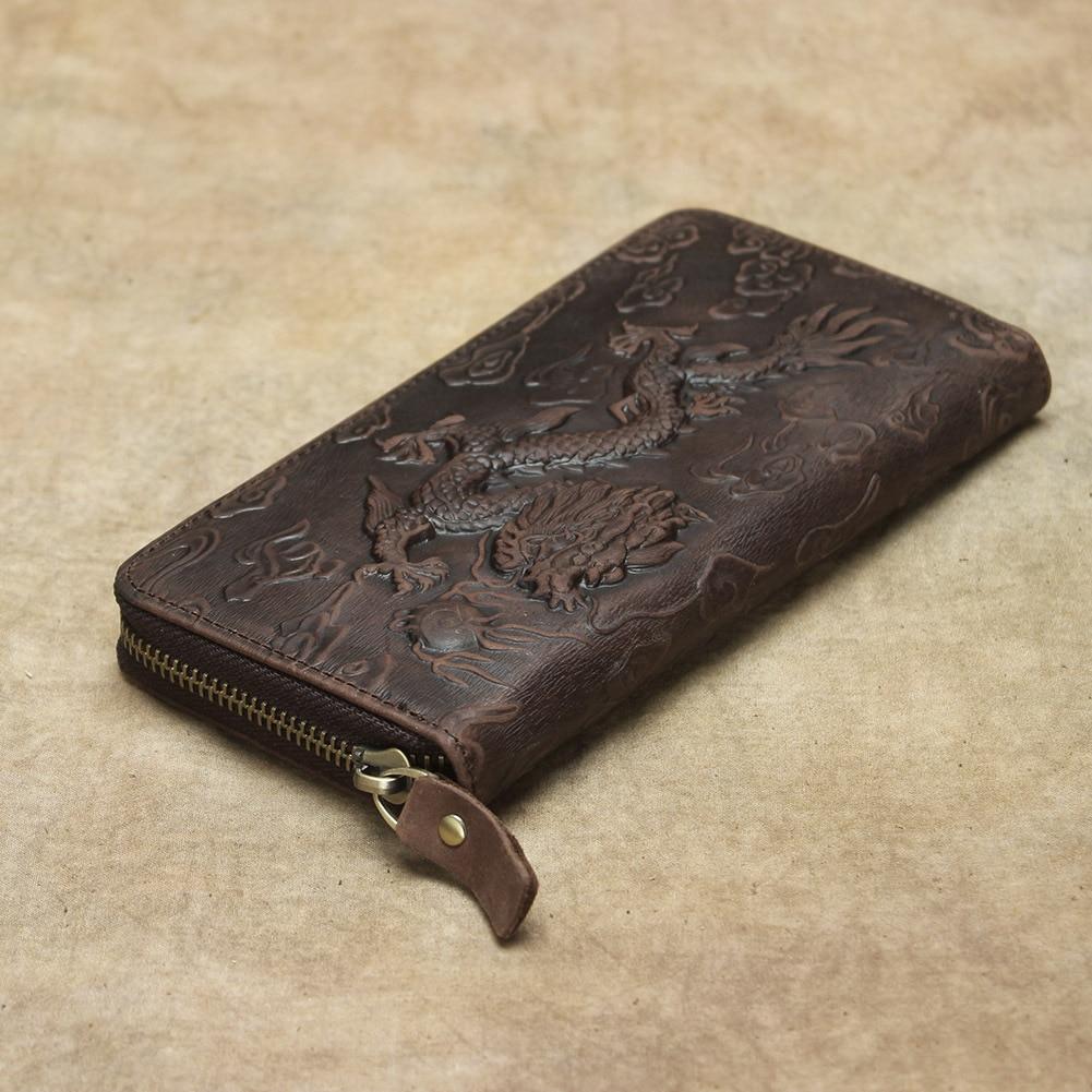 Retro At Deri Kabartmalı Cüzdan 2021 Yeni Ejderha Desen Uzun Erkek Cüzdan El Yapımı Inek Derisi Çanta