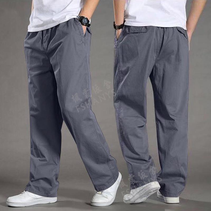 Men's Plus Size Casual Cargo Pants, Spring/Autumn, Cotton, Elastic Waist, Loose Fit, Straight Leg, Middle-Aged Style
