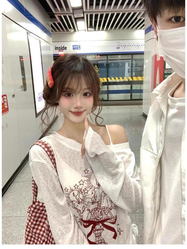 White Off-Shoulder Graffiti Print Long-Sleeve Blouse with Drawstring