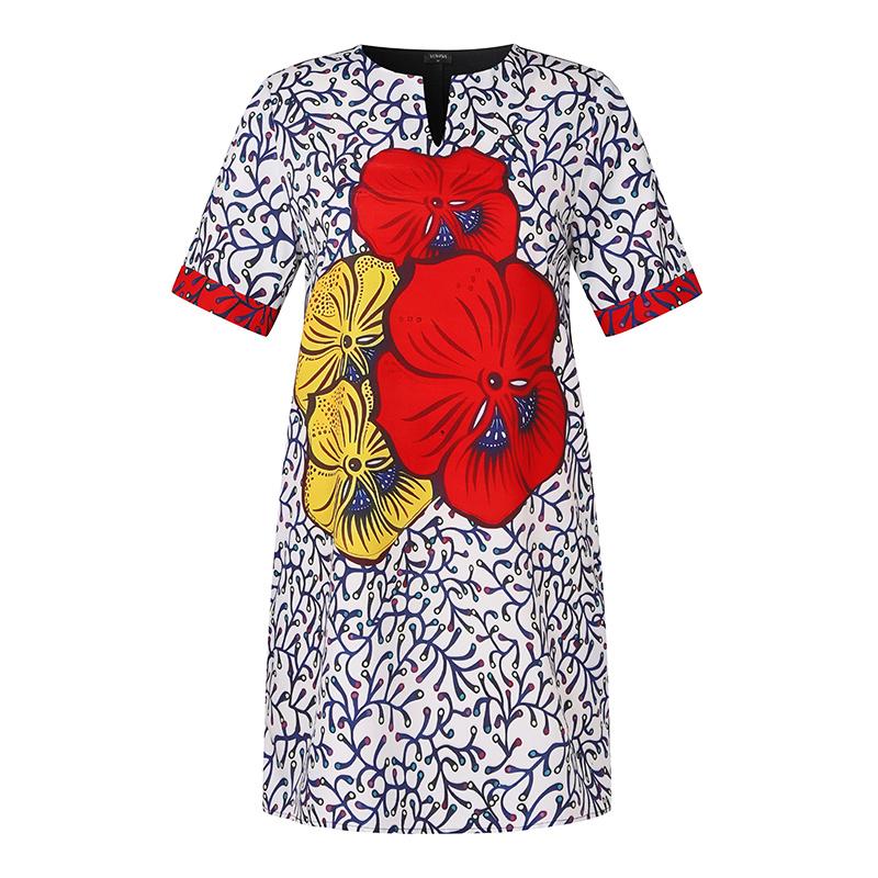 Damen Sommerkleid in Übergröße mit Rundhalsausschnitt und kurzen Ärmeln und Blumendruck