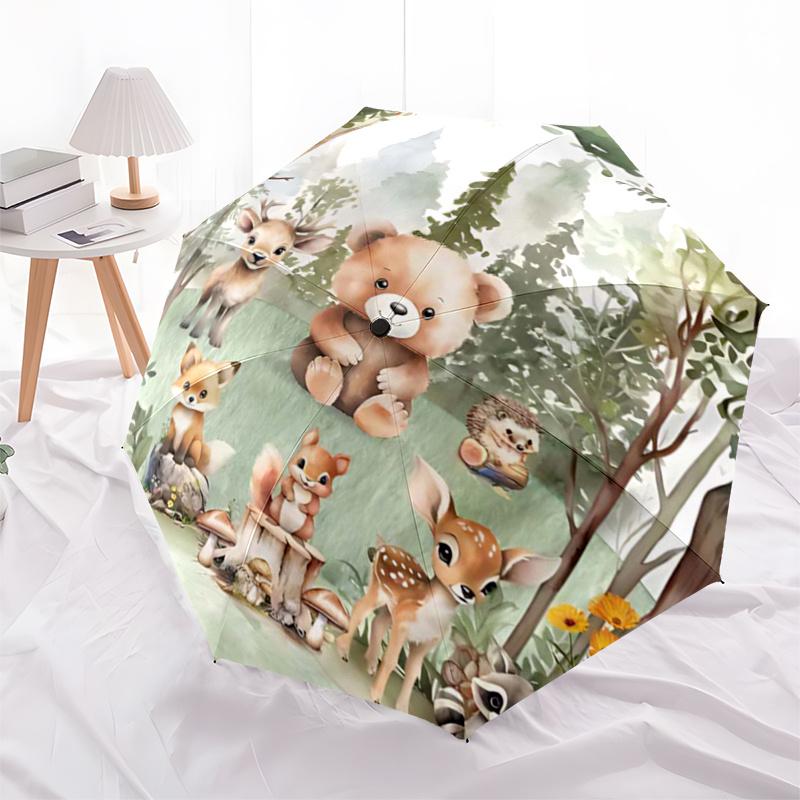 Woodland Animal Friends Automatic Folding Umbrella - Portable 3-Fold Design with Iron Frame, Perfect for Fans, Travelers, Everyday Use, and