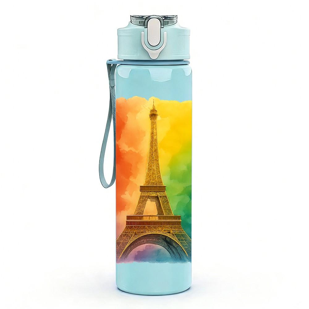 1PC Rainbow Eiffel Tower 750ml Color Plastic Sports Water Bottle Leakproof Flip Straw Lid Suitable for Sports Office Home Use