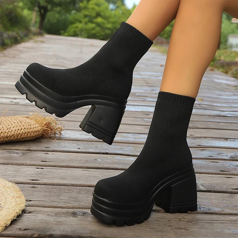 Fashion High Heels Women Sock Boots Ankle Winter Knitting Shoes Chunky 2024 Platform Fashion Walking Chelsea Boots New Mujer Zapatos
