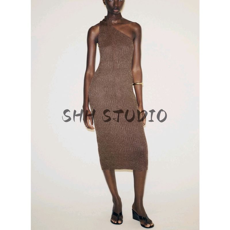 Summer Women's French off-the-Shoulder Design Metal Yarn Asymmetric Collar Midi Skirt Dress 5063802