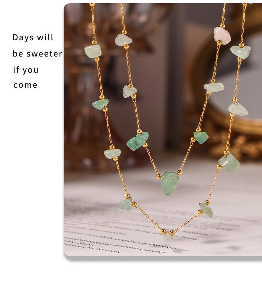 Natural Green Stone & Stainless Steel Collarbone Necklace and Bracelet Set