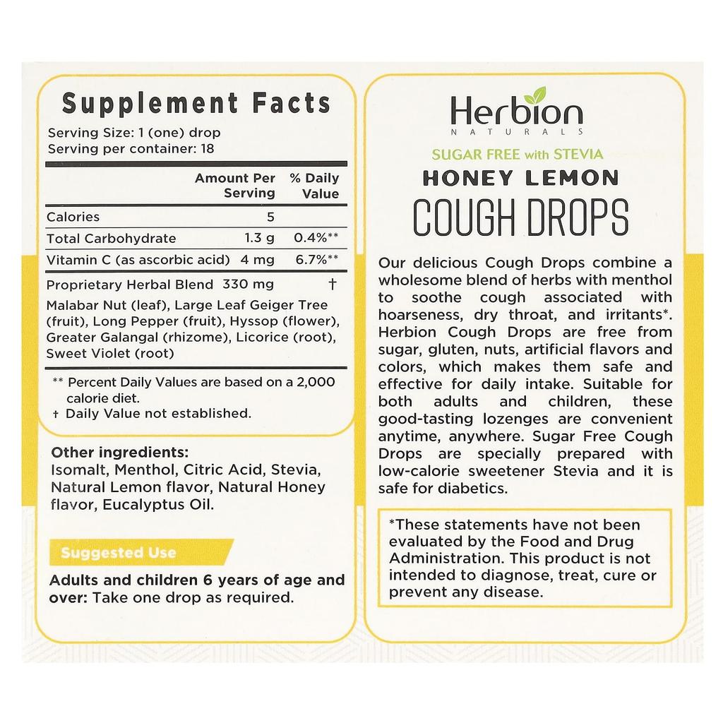 Naturalne krople na kaszel, bez cukru, miód cytrynowy, 18 sztuk