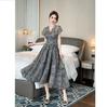 Summer Women's French Retro V-neck Temperament, Waist Cinching Printed Large Swing Long Dress