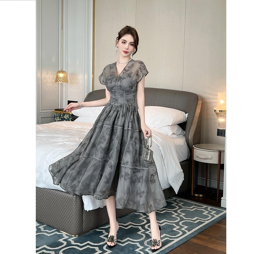 Summer Women's French Retro V-neck Temperament, Waist Cinching Printed Large Swing Long Dress