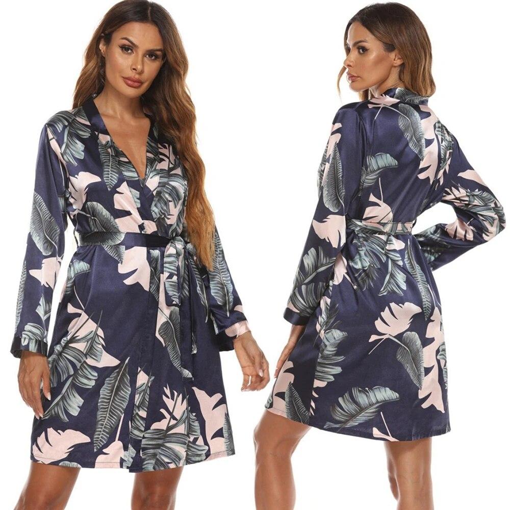 Women's Robe Above Knee Robes Floral Print Sleepdres Nightgown Long Sleeve Bathrobe Soft Sleepwear Ladies Loungewear