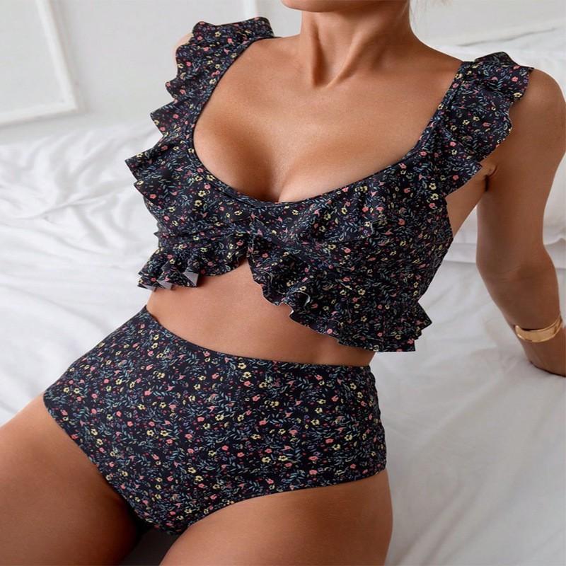 Floral Ruffle Edge Split Swimsuit Women Fashionable Beach Bikini Hot