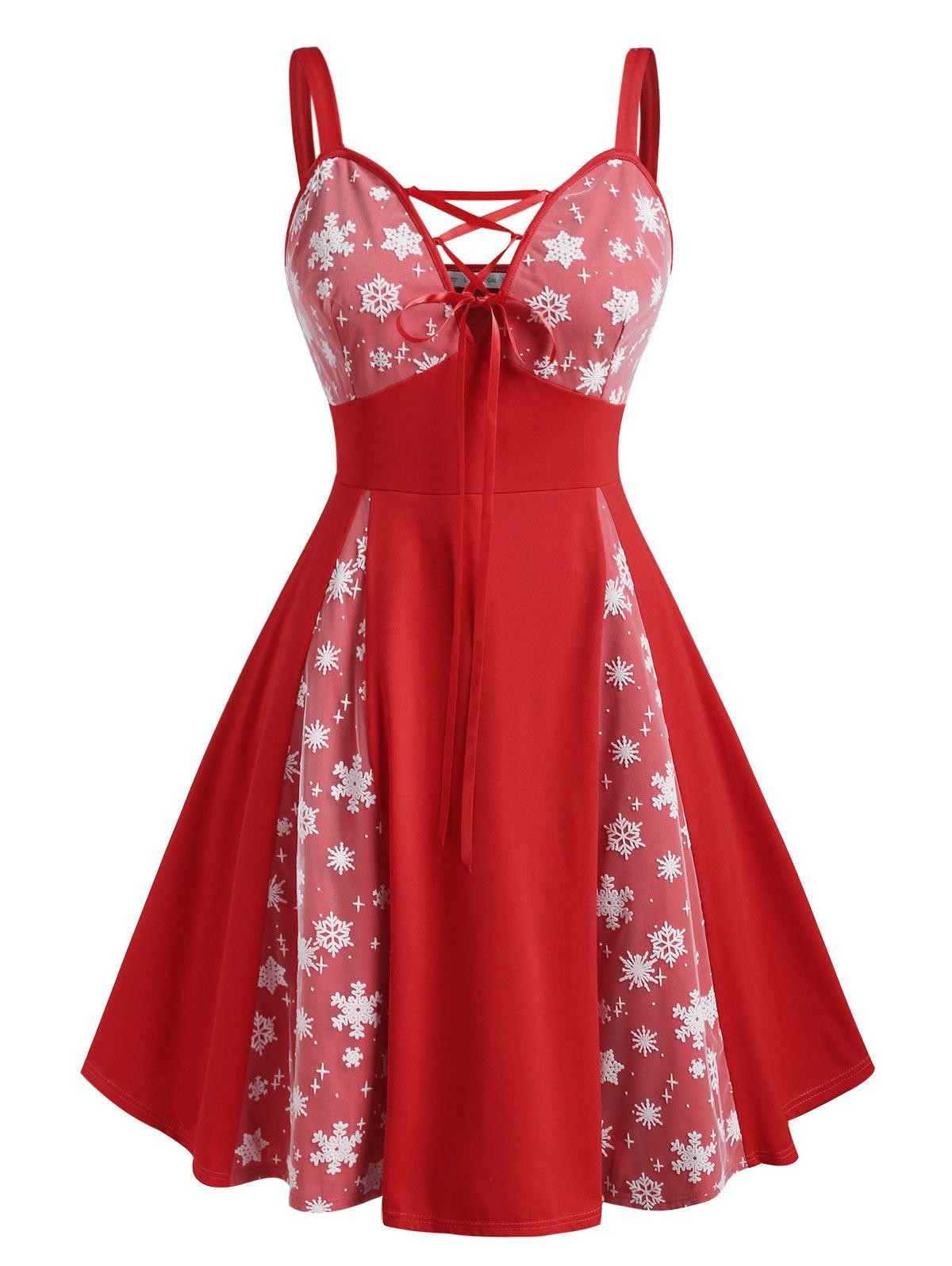 

Платье больших размеров на шнуровке Rosegal со снежинками и сетчатой ​​вставкой 3XL красный