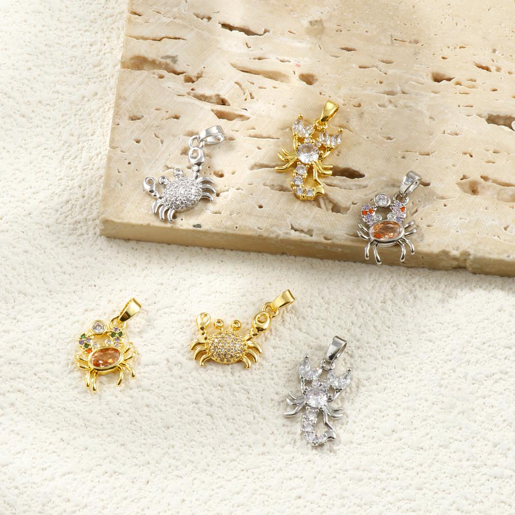 2 PCs Brass Ocean Jewelry Charms Gold Plated Clear Cubic Zirconia Crab Lobster Pendants For DIY Necklace Jewelry Making Findings