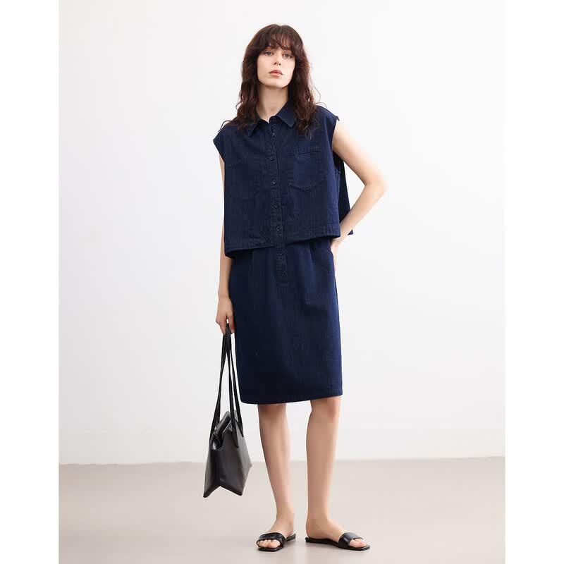 Women's Retro Faux Two-Piece Sleeveless Denim Dress