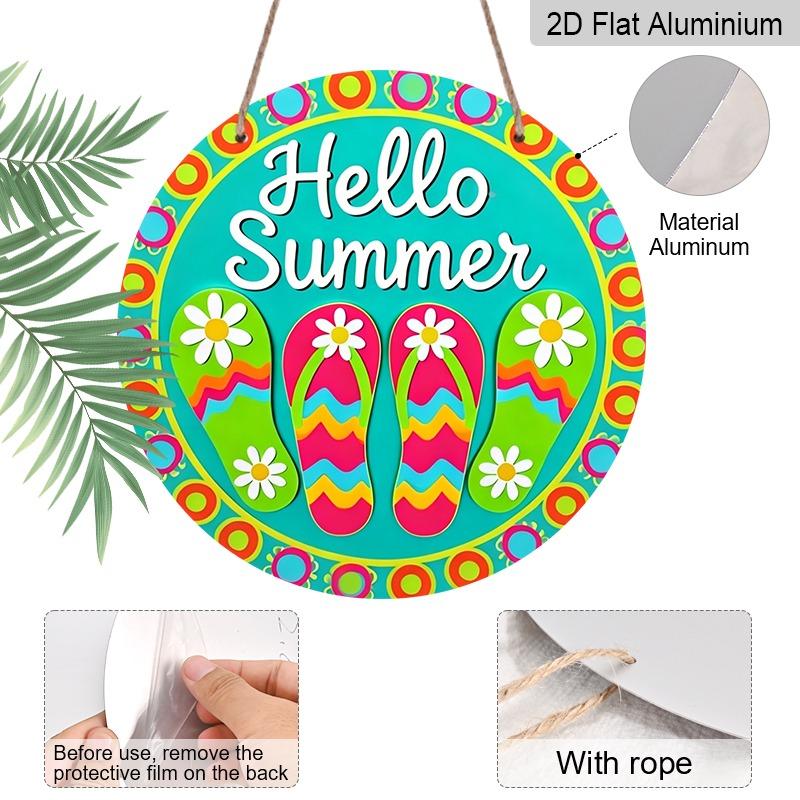 2D Flat Aluminum "Hello Summer" Decorative Signs and Plaques, Available In Various Sizes. Flip-flop Daisy Pattern Metal Wall Decorations, Suitable