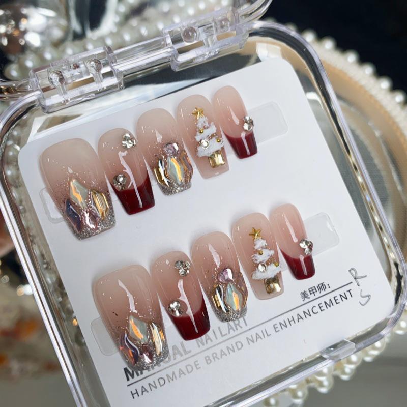 Handmade Christmas Tree Nail Art Tips with Blushing Diamond and Super Flash Finish