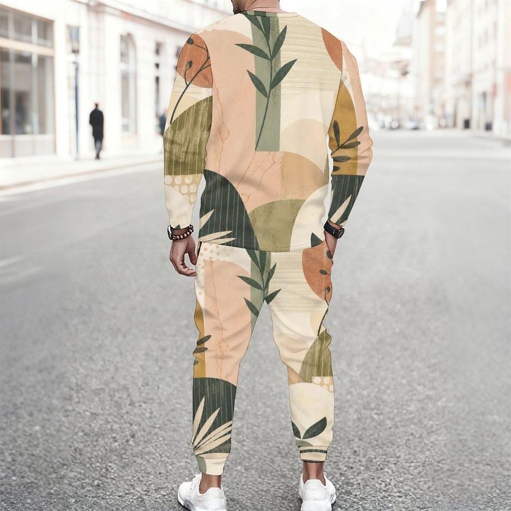 Men Plus Size Printed Two Piece Set Round Neck Long Sleeve Top Cuffed Pants