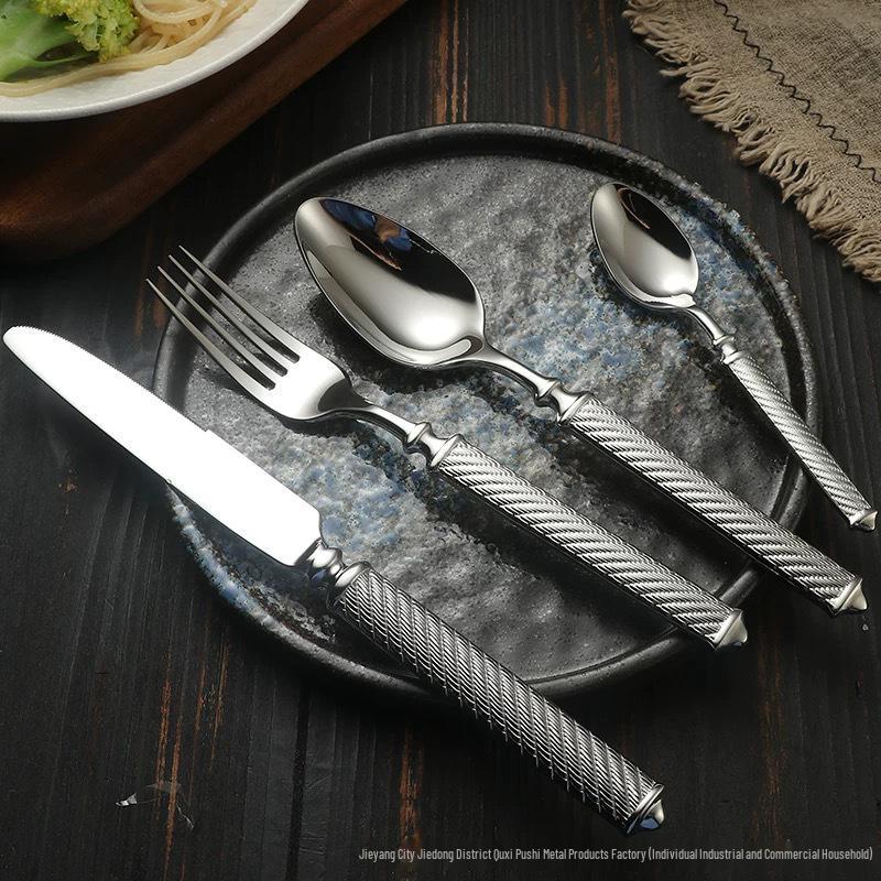 304 Stainless Steel Steak Knife Fork Spoon Set with Thickened Jute Rope for Western Cuisine