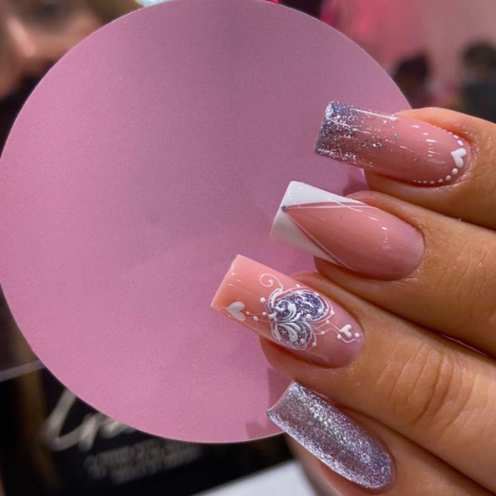 24pcs/set short Medium fake nails square ballet almond nail tips pink beautiful heart for Valentine's Day press on false nails