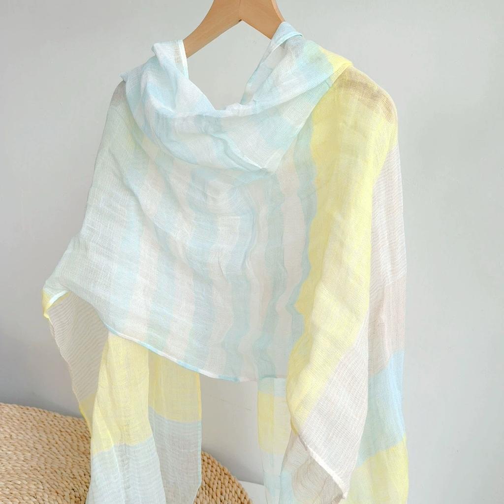 Literary Thin Striped Linen-Cotton Scarf For Women Beach Breathable Sunshade Scarf With Tassel
