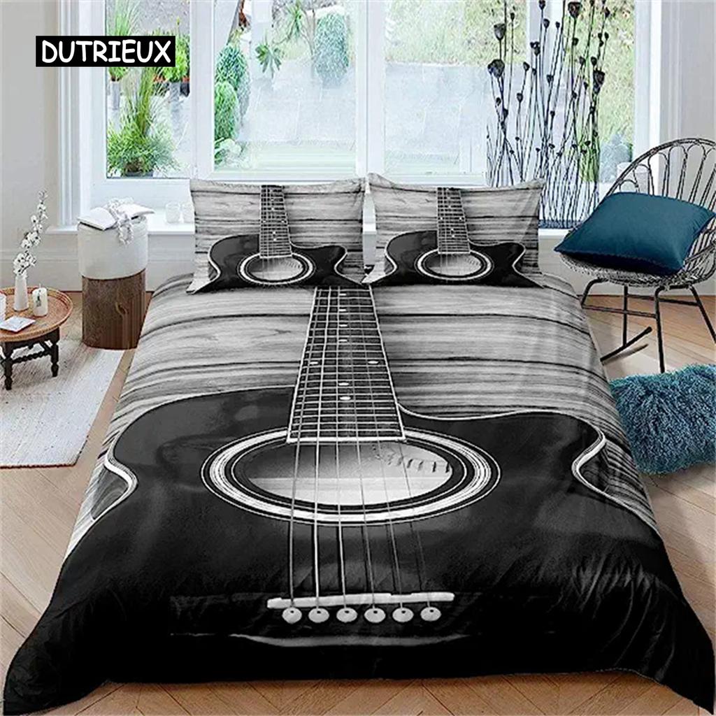 3D Rock Music Themed Guitar Colorful Duvet Cover Fire and Water Bedding Set Modern Gorgeous Microfiber Polyester for Boy Gifts