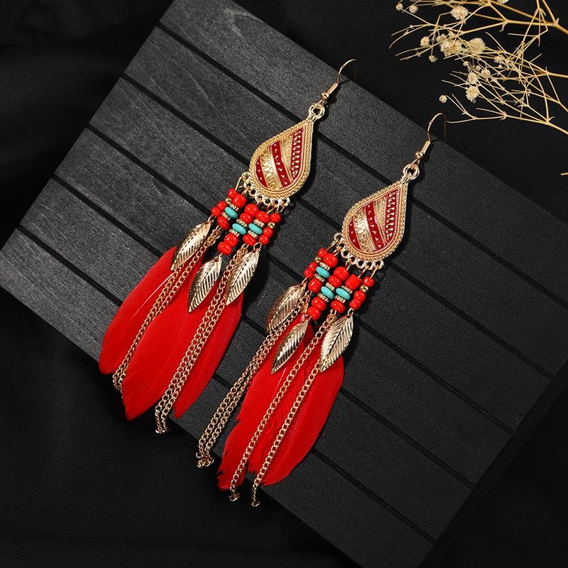 Retro Feather Fringed Earrings Women's Niche Personality Bohemian Blue Long Yunnan Travel Photography Earrings