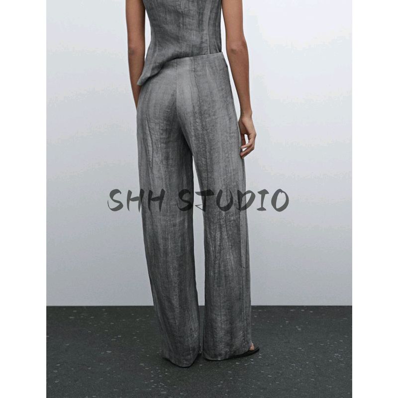 MD Spring/Summer French Style Young Ol Style Linen Blend Suit Vest 6024657 Wide Leg Pants 5021659