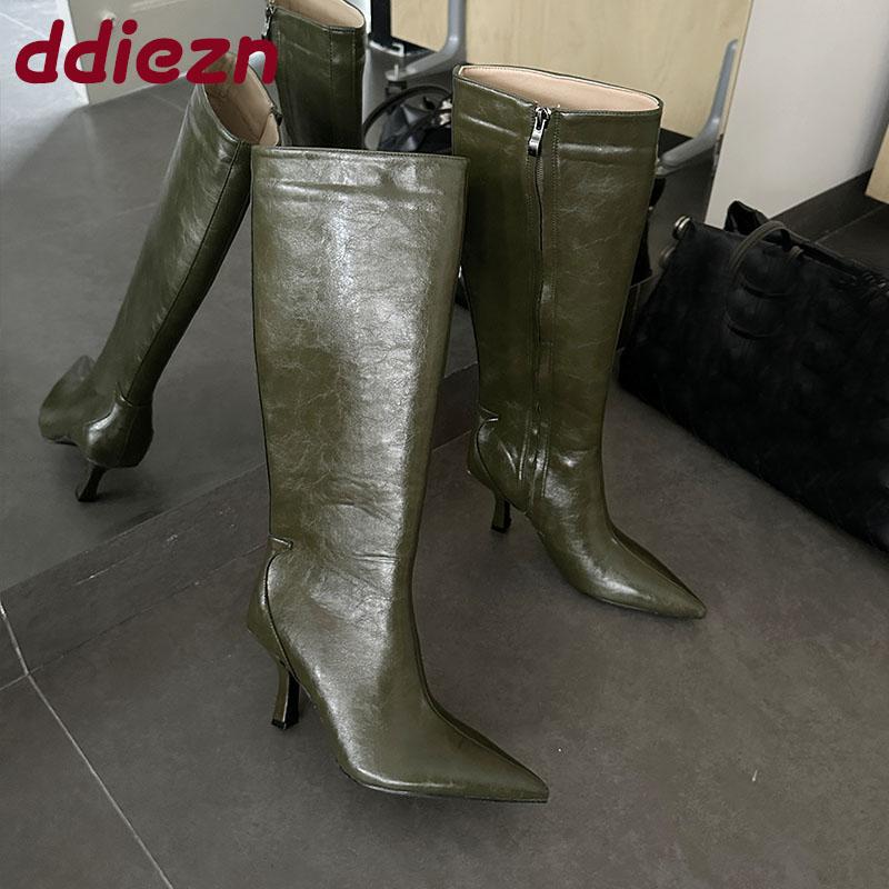 Fashion Fashion Pointed Toe Ladies Knee High Boots Heels Shoes Female Zippers Women Long Modern Boots Pumps Shoes Big Size 43 Lady