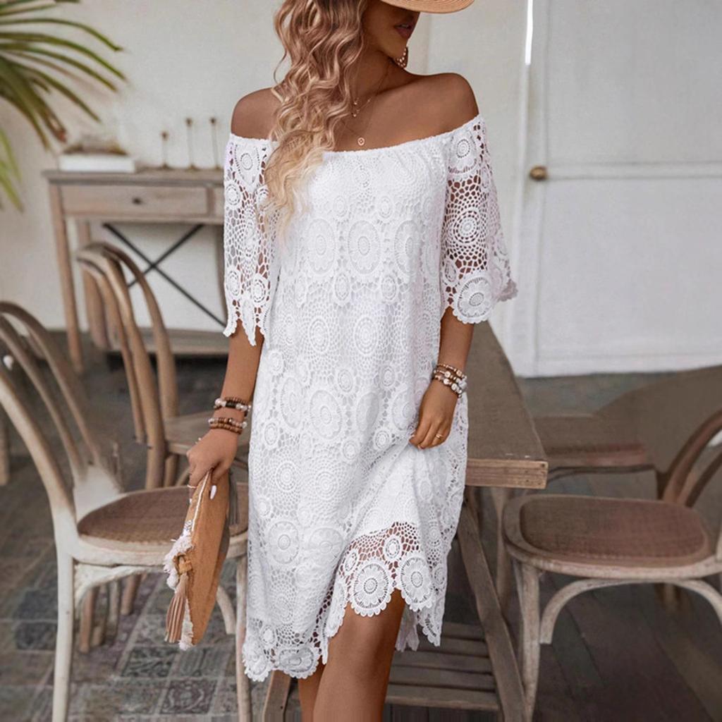 Women Summer Casual Flat Shoulder White Hollow Embrioderied Lace One Piece Dress