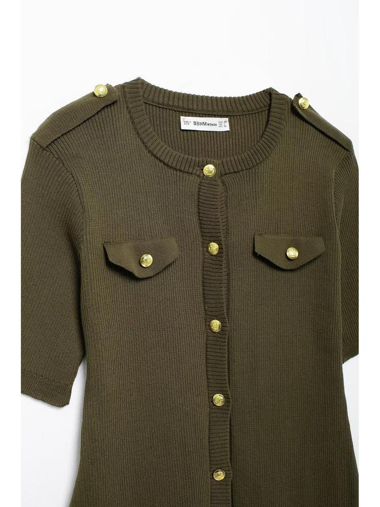 2024 Autumn Women's Military Green Ribbed Knit Button-Up Dress