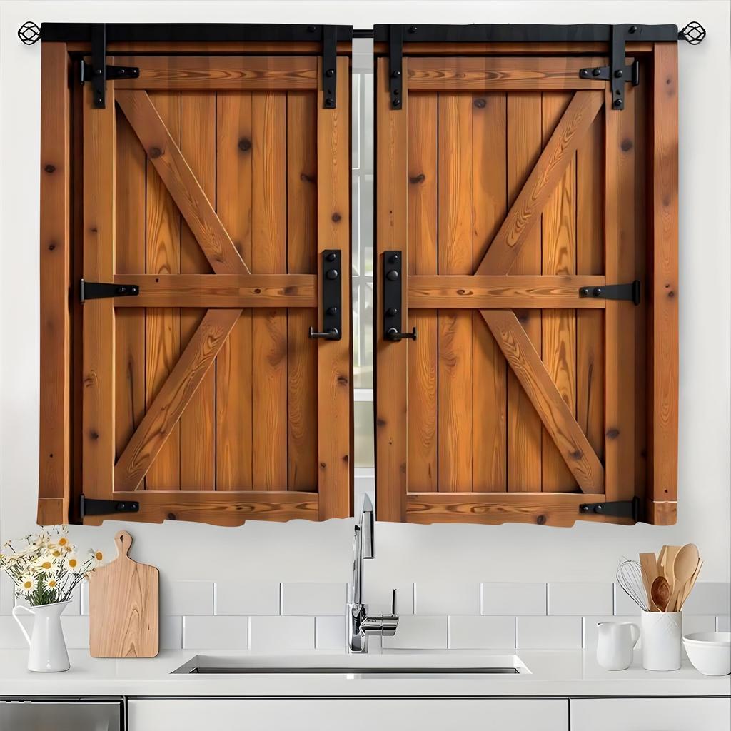 2 pieces of Retro wooden door frame printed curtains, pole bag curtains 42*84, home decoration, room decoration