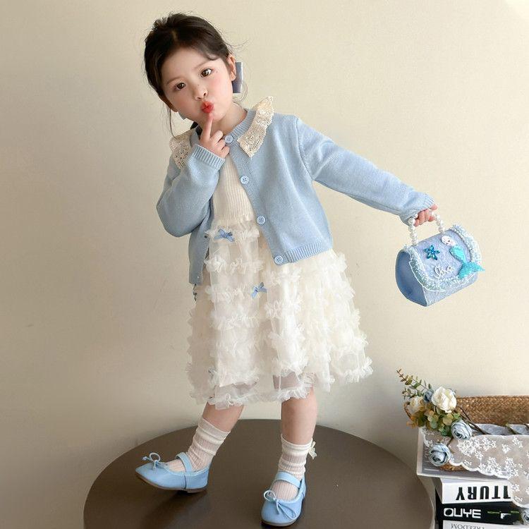 Girls' Spring & Autumn Cardigan Princess Dress Set 2025 - Sweet Two-Piece Outfit for Kids
