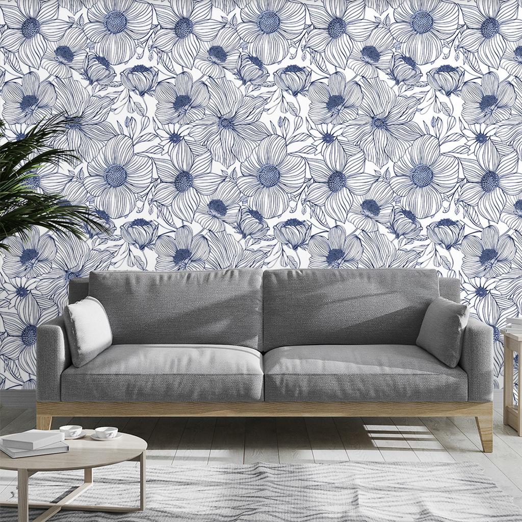 Floral Peel and Stick Wallpaper Blue White Boho Contact Paper for Bedroom Bathroom Removable Self Adhesive Wallpaper Rolls