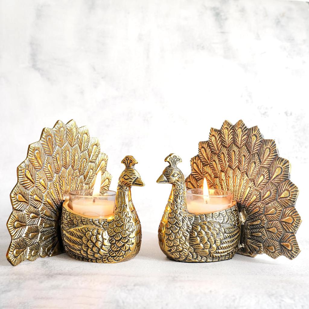 Aluminium Dancing Peacock Pair Figurine For Good Luck & Love, Gold Color