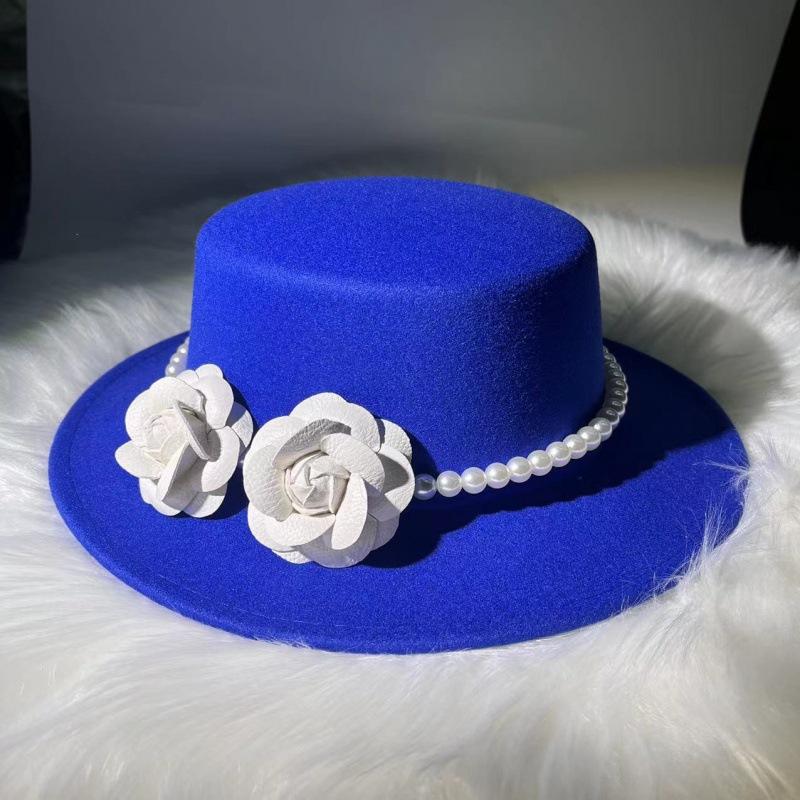 French Retro Pearl Flower Wool Flat Top Top Top Hat Autumn and Winter Small Fragrant Wind Big Brim Street Shot British Woolen Hat