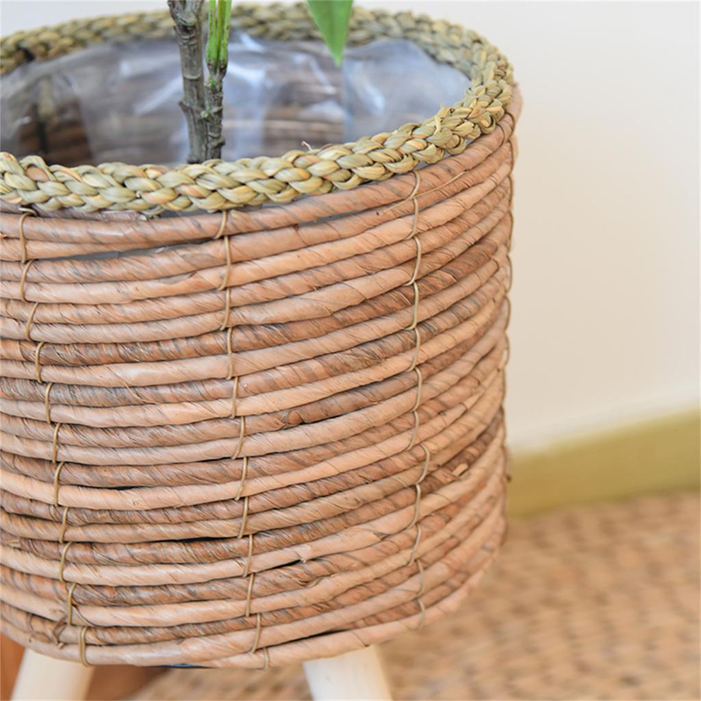 Rattan Indoor Plant Stand Straw Woven Flowers Pots Holder Stool With Legs Floor Planter Baskets Rack Wood Plant Shelf
