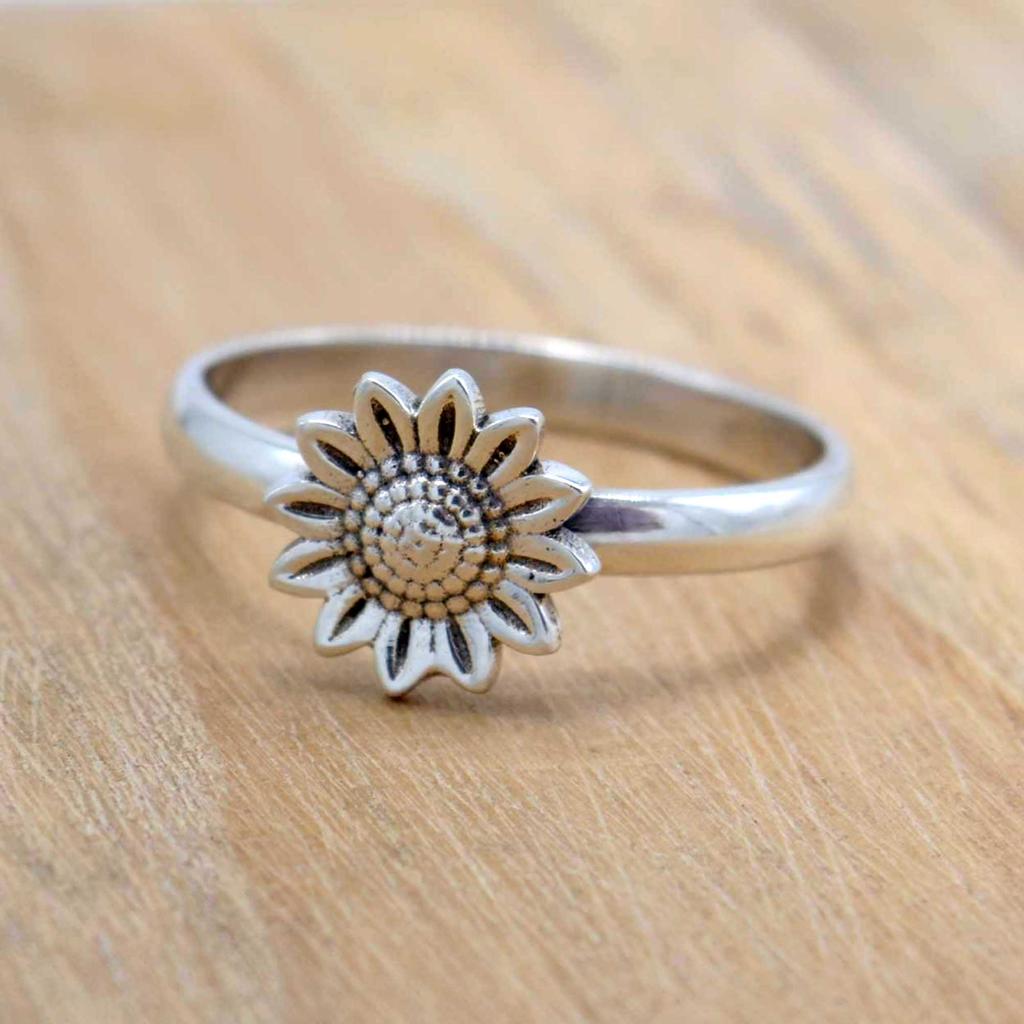 Anillo de plata de ley 925 con girasol, joyería hecha a mano para mujer