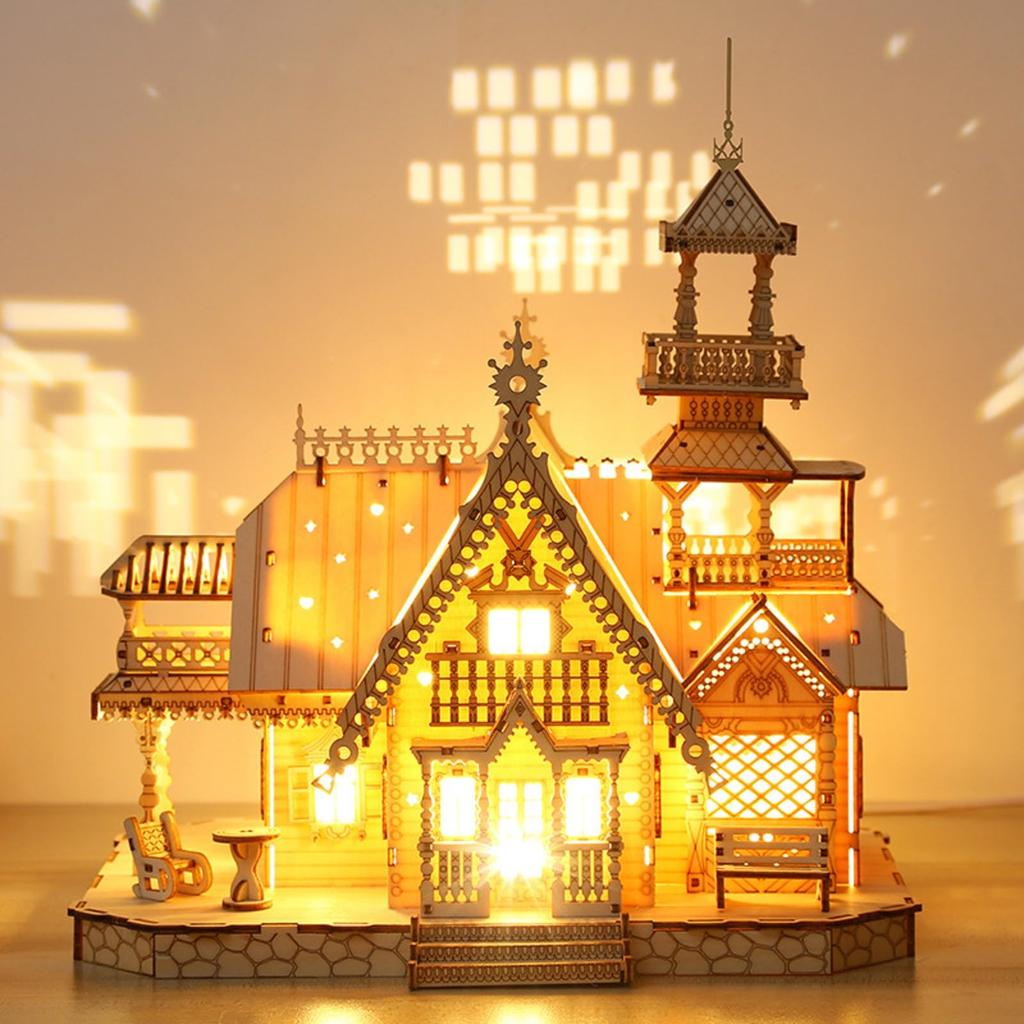 Hallisun 3D Wooden Puzzle DIY Retro Cottage Villa House with LED Light Model Assembly Kit 3D Puzzle Brain Teaser Hobby Game Toy for Adults DIY