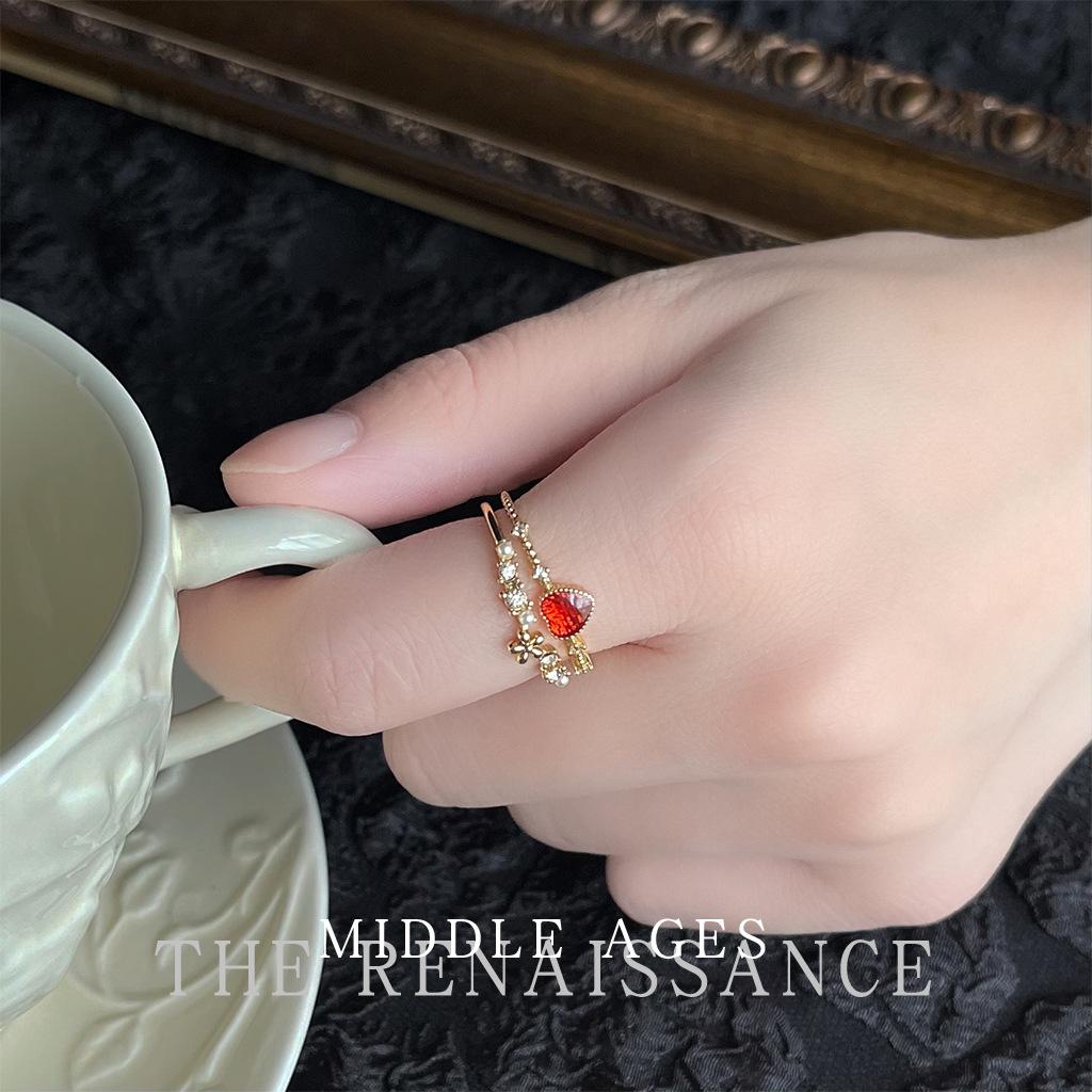 Light retro red zircon love ring French court style index finger ring plated real gold ring